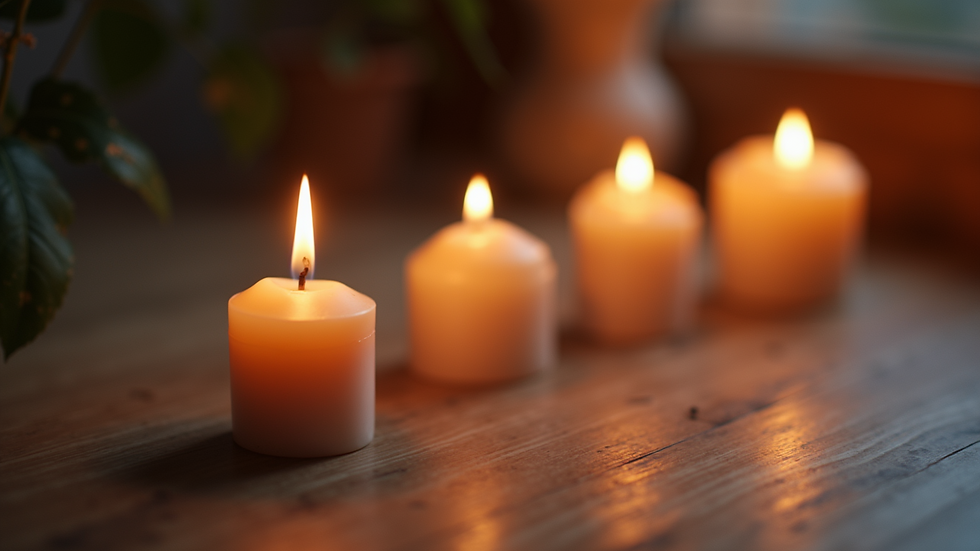Eye-level view of a calming space with lit incense and soothing candles