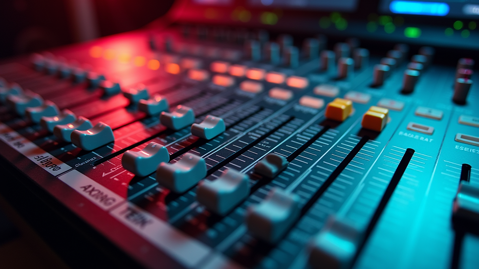 High angle view of a mixing console with colorful knobs and sliders