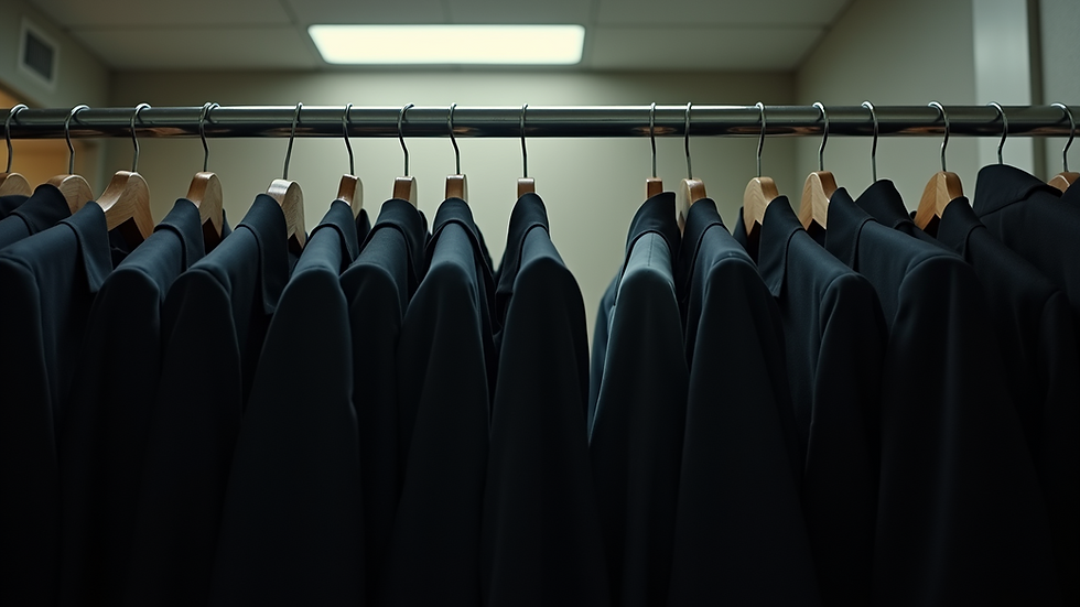 Wide angle view of hanging Orthodox Jewish uniforms