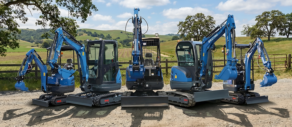 A lineup of five blue Rippa mini excavators, including the R32 PRO, R 22 PRO, R18Pro, R15 Eco, R 13 PRO, and R10 Pro models, parked side-by-side on a dirt road with green hills in the background.