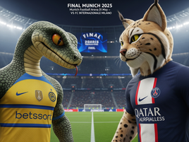 Mascote PSG x Inter de Milão de uniforme em confronto na final da champions league 2025