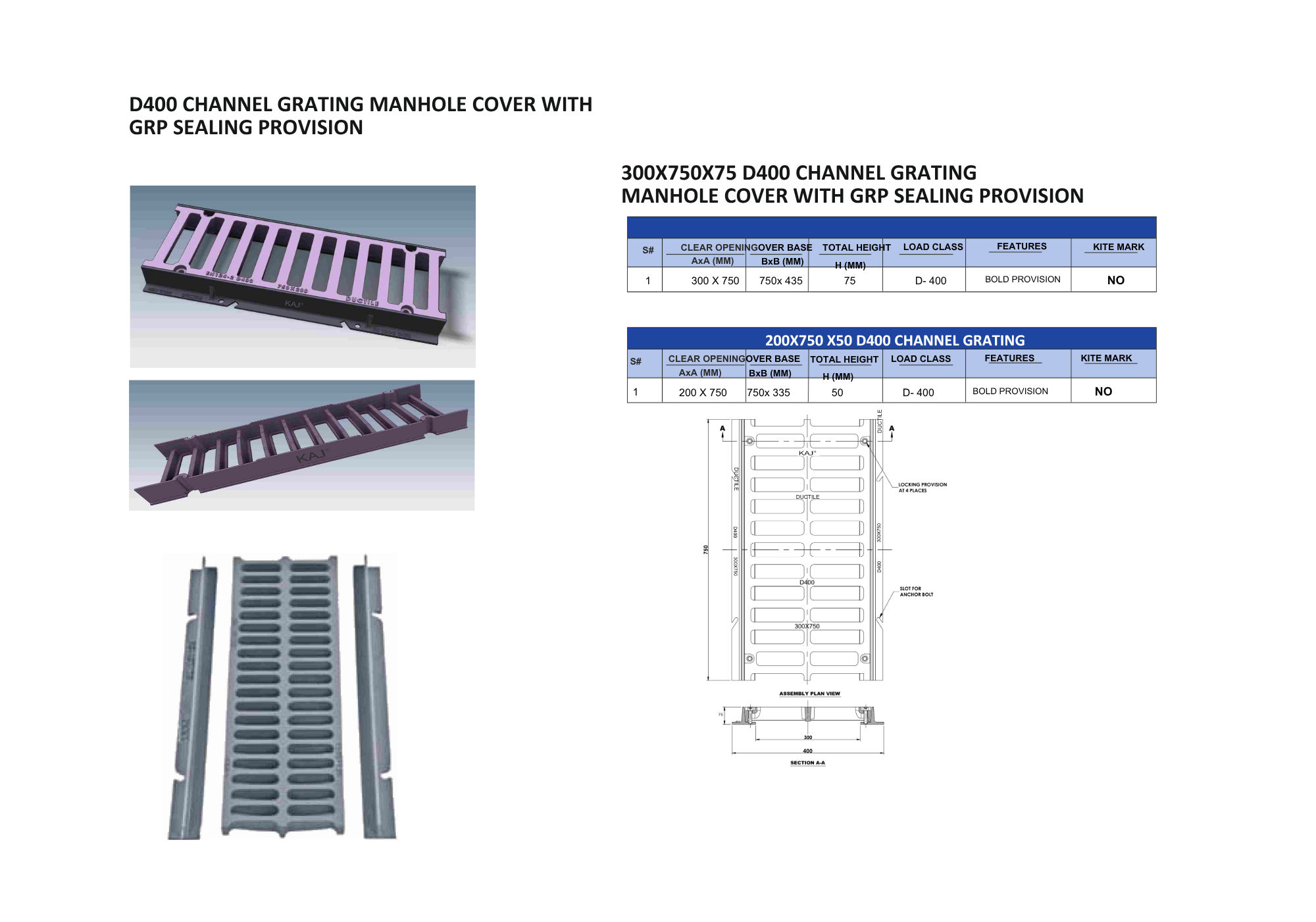 D400 channel grating manhole cover views and specifications