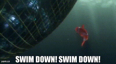 Underwater scene with a Nemo fish (from the film finding Nemo) figure swimming downward in murky green-blue water, captioned SWIM DOWN! SWIM DOWN!