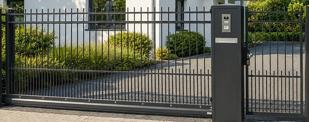 Zaunanlage aus Stahl mit passendem Schiebetor und Kommunikationspfosten und Eingangspforte