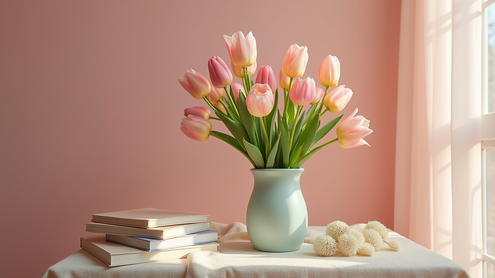Vue rapprochée d'un arrangement floral printanier avec des pivoines et des tulipes