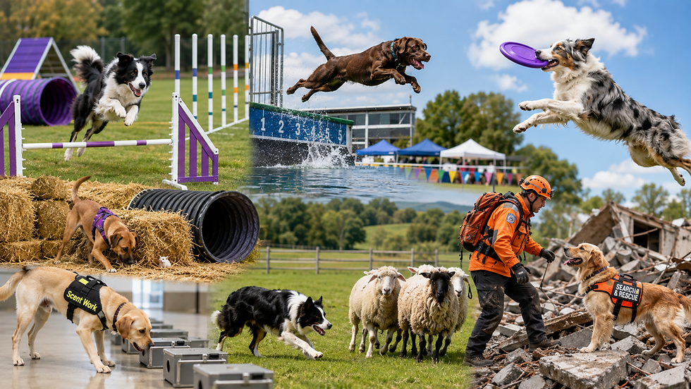 Image showing different dogs engaged in various activities, such as; agility training, dock diving, disc sports, barn hunt, scent work and herding