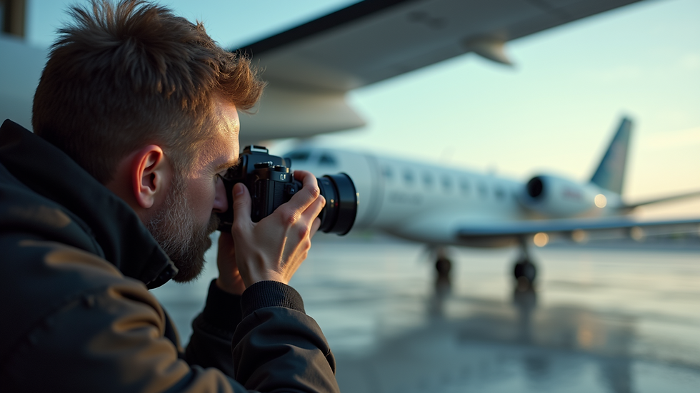 Close-up view of a professional photographer capturing detailed images of an aircraft