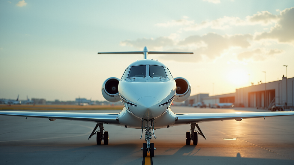 Eye-level view of a clean and polished private jet parked on the tarmac