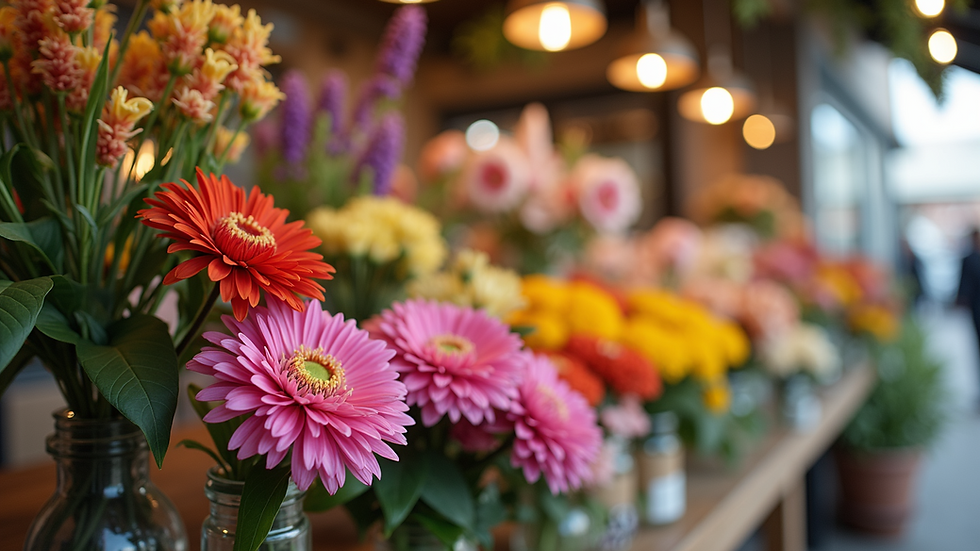 Eye-level view of a beautifully arranged flower station