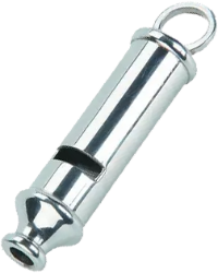 Metal Police Whistle, shiny metal with an attachment point for a hook
