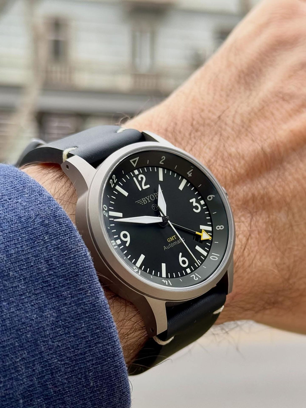 Close-up view of a BYOP aviation watch dial