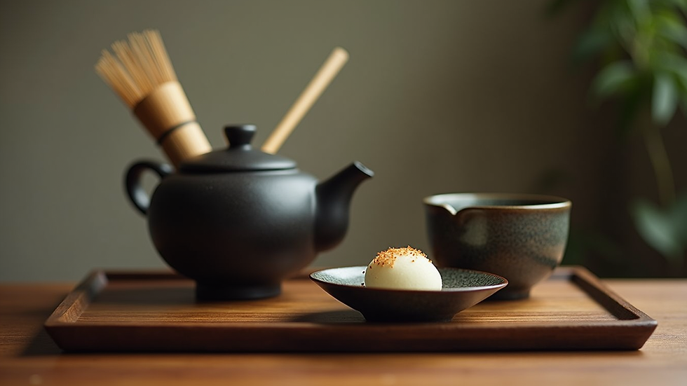 Close-up view of a traditional Japanese tea set with matcha and whisk
