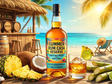 Am sonnigen Strand steht eine Flasche "SUMMER RUM CASK RESERVE" Whisky. Daneben ein Glas mit Eis, Ananas und Limette sowie frische Früchte (Kokosnuss, Ananas). Im Hintergrund eine rustikale Bar mit Fässern, Palmen und Liegestühle am türkisfarbenen Meer. Die Stimmung ist tropisch und entspannt.