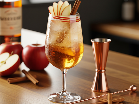 Ein Apple Whisky Spritz Cocktail mit Apfelscheiben und Zimtstangen in einem Weinglas, auf einer Holztheke.