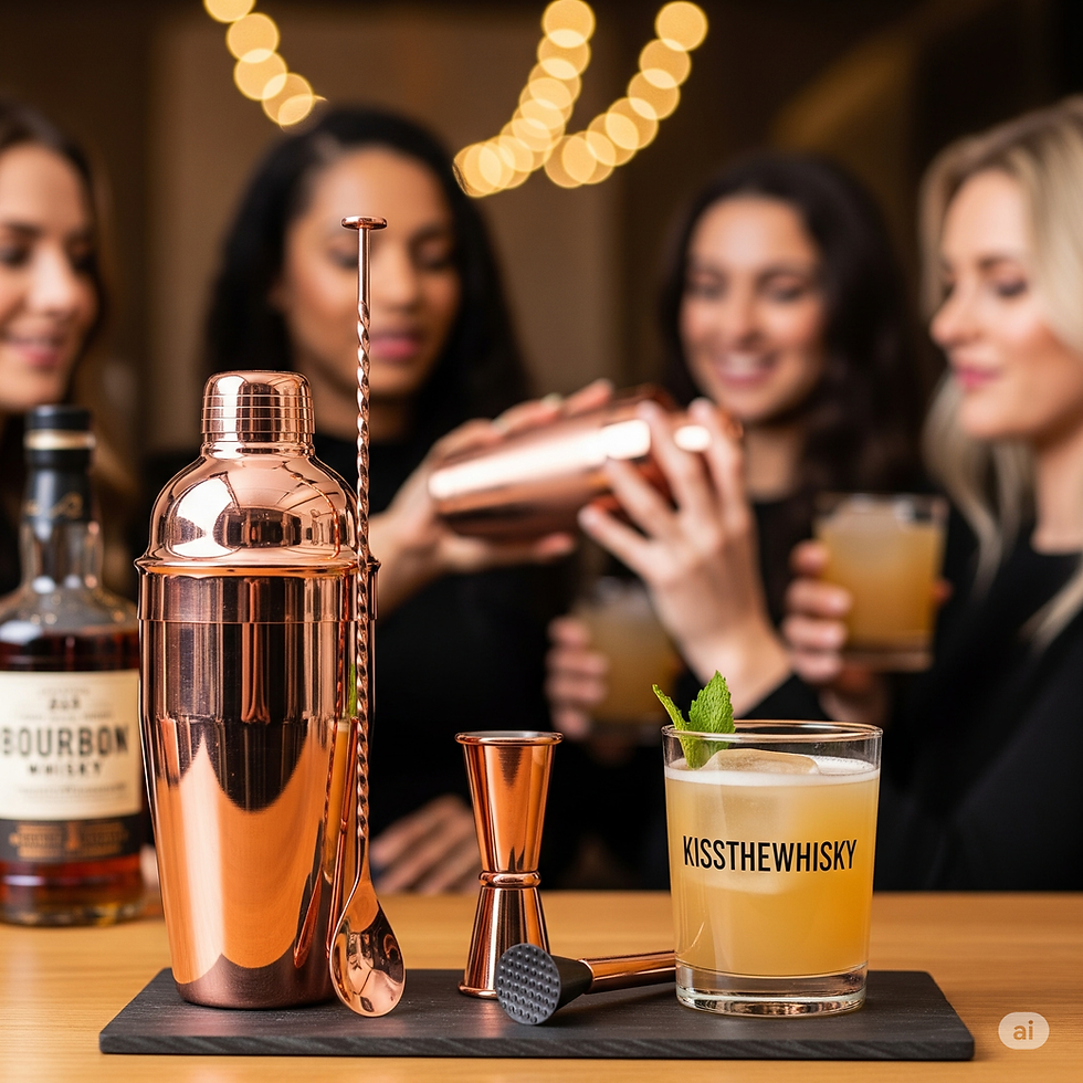 Frauen mixen und genießen Cocktails mit einem Rosegold-Cocktail-Set in einem modernen Bar-Ambiente.