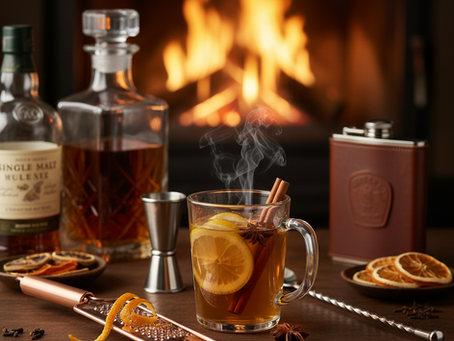 Hitzebeständige Gläser und Barwerkzeuge auf einem Holztisch, perfekt für die Zubereitung von warmen Whisky-Drinks und Digestifs in der kalten Jahreszeit.