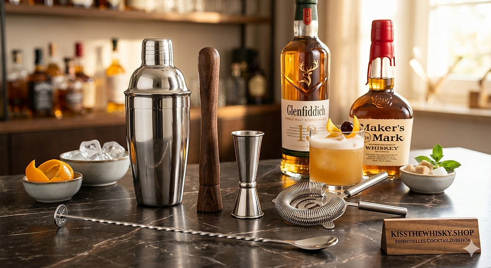 Diese Aufnahme präsentiert essentielles Cocktailzubehör wie Shaker, Muddler, Jigger, Barlöffel und Strainer auf Marmor. Im Mittelpunkt stehen Flaschen von Glenfiddich Single Malt und Maker's Mark Whiskey, neben einem fertig gemixten Cocktail. Schalen mit Eis, Minze, Orangenschalen und Zuckerwürfeln sind bereit. Rechts steht ein Holzblock mit "KISSTHEWHISKY.SHOP" und "ESSENTIELLES COCKTAILZUBEHÖR".