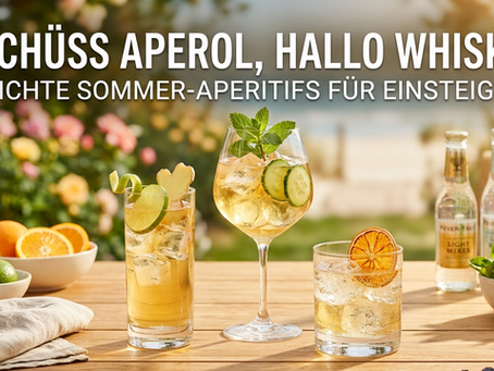 Drei leichte Whisky-Aperitifs stehen auf einem sonnigen Holztisch im Garten, garniert mit frischer Minze, Gurkenscheiben, Ingwer und Orange. Daneben stehen Mixer-Flaschen sowie Schalen mit Limetten und Beeren. Im Hintergrund glänzt ein Sommergarten unter dem weiß geschriebenen Blog-Titel.