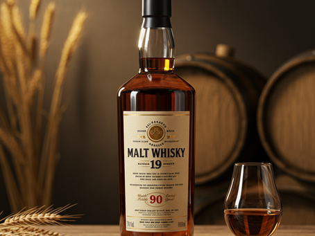 Eine Flasche goldener Malt Whisky ohne Markennamen auf einer Holzoberfläche mit verschwommenen Gerstenkörnern und Eichenfässern im Hintergrund.