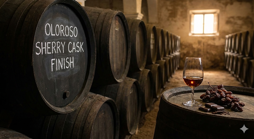 Eine Flasche und ein Glas mit dunklem, bernsteinfarbenem Whisky, platziert vor rustikalen Eichenfässern und Trauben, um den Prozess der Nachreifung beim Whisky Sherry Finish darzustellen.