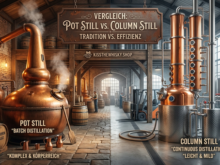 Ein detaillierter visueller Vergleich zweier Destillationsanlagen. Links: Eine traditionelle Kupfer-Pot Still für "Batch Distillation", beschriftet als "KOMPLEX & KÖRPERREICH", umgeben von Holzfässern (Sherry & Bourbon). Rechts: Eine moderne Column Still für "Continuous Distillation", beschriftet als "LEICHT & MILD", mit Edelstahltanks. Ein zentraler Titel lautet: "VERGLEICH: POT STILL VS. COLUMN STILL" und "TRADITION VS. EFFIZIENZ". Das KISSTHEWHISKY.SHOP Logo ist prominent platziert. Die Atmosphäre zeigt eine arbeitende Brennerei.
