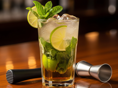 Ein Whisky-Mojito-Cocktail in einem Glas auf einer Holztheke, mit Minze, Limette und Eiswürfeln.