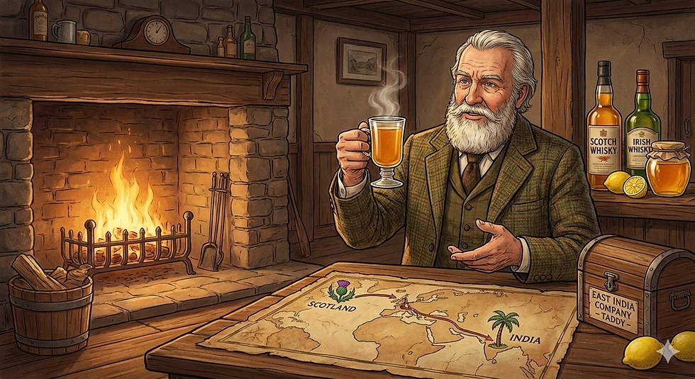 Historische Illustration zur Hot Toddy Geschichte: Ein Mann mit einem dampfenden Glas zeigt auf eine Landkarte, die die Route des Getränks von Indien nach Schottland darstellt, umgeben von Whisky, Honig und einer East India Company Kiste.