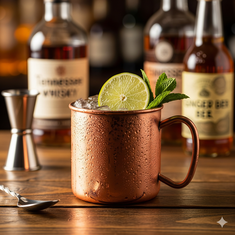 Ein Tennessee Mule Cocktail in einem kupfernen Becher mit Limette und Minze, auf einer Holztheke mit Whiskyflaschen im Hintergrund.