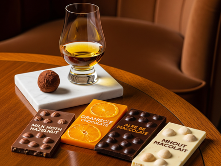 Ein Glas Whisky und verschiedene Schokoladensorten, darunter Trüffel und Tafeln, auf einem Holztisch in einer luxuriösen Umgebung, die ein Whisky-Schokolade-Pairing zeigt.