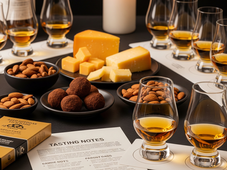 Eine Auswahl an Whiskygläsern und verschiedenen Lebensmitteln wie Käse, Schokolade und Nüssen, die ein Whisky-Pairing-Erlebnis in einem eleganten Ambiente darstellen.