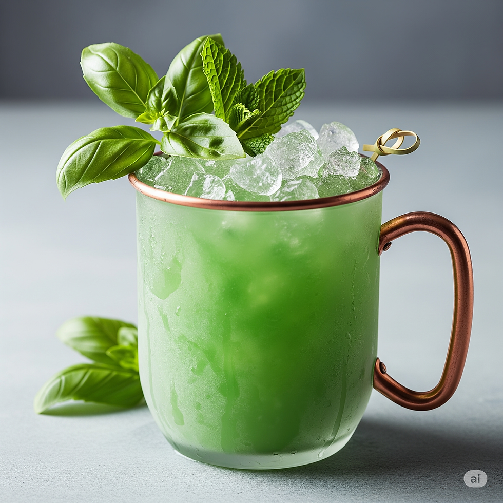 Basil Julep Cocktail in einem Kupferbecher mit Eis, garniert mit frischen Basilikum- und Minzblättern