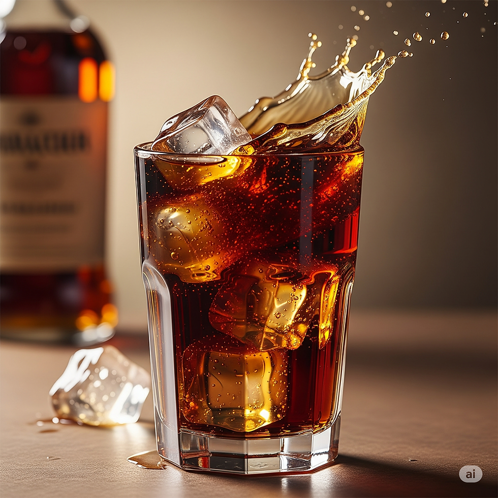 Ein 'Whisky & Cola' Longdrink in einem Glas mit Eiswürfeln und einem spritzenden Effekt.