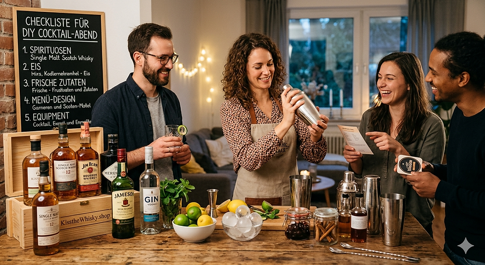 Ein fröhlicher DIY-Cocktail-Abend mit vier Freunden an einem rustikalen Holztisch. Eine Frau schüttelt einen Shaker, die anderen lachen. Der Tisch ist voll mit Barzubehör, frischen Früchten, großen runden Eiswürfeln und Flaschen von Glenfiddich, Jim Beam und Jameson. Im Hintergrund eine Tafel mit der handgeschriebenen "CHECKLISTE FÜR DIY COCKTAIL-ABEND" und spezifischen Punkten. Eine Holzkiste und Untersetzer tragen das Logo "KisstheWhisky.shop".