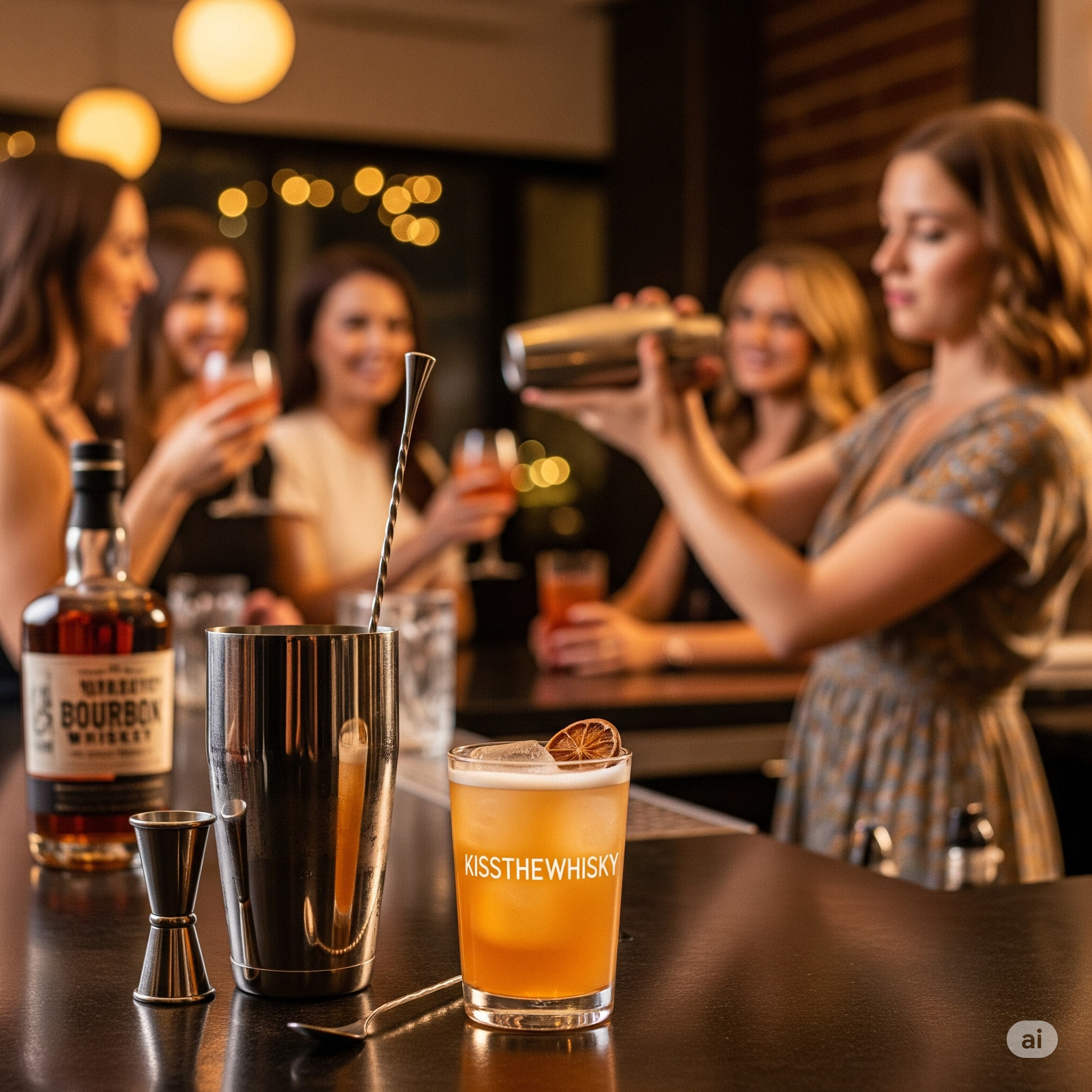 Frauen mixen und genießen Cocktails mit einem Kiss the silver Cocktail-Set in einem modernen Homebar-Ambiente.