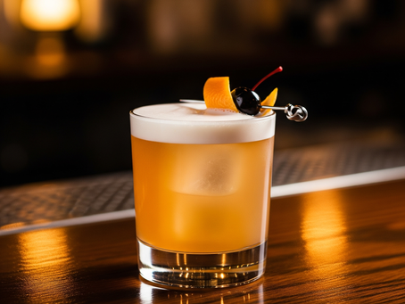Ein klassischer Whiskey Sour Cocktail in einem Tumbler, garniert mit Orangenzeste und Kirsche, auf einer dunklen Holzoberfläche.