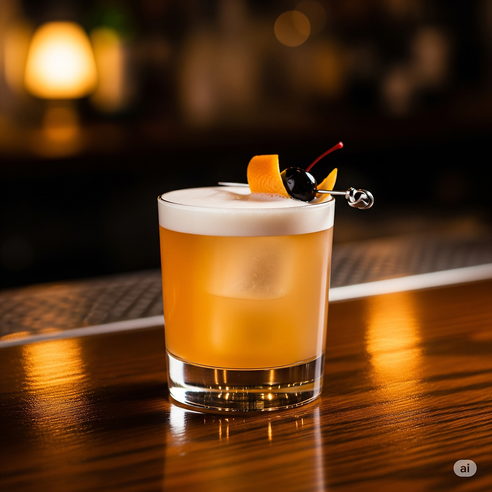 Ein klassischer Whiskey Sour Cocktail in einem Tumbler, garniert mit Orangenzeste und Kirsche, auf einer dunklen Holzoberfläche.