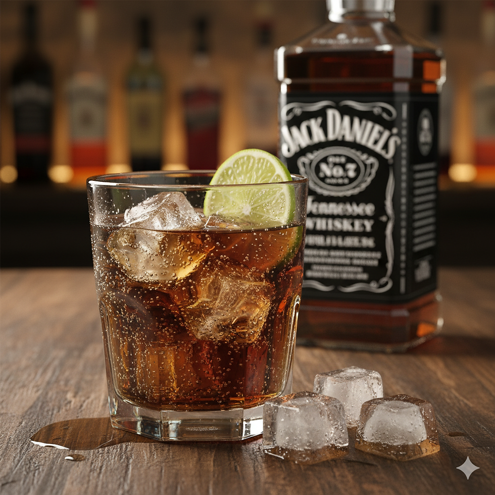Jack & Coke auf einer Holztheke mit einer Flasche Jack Danields No 7 im Hintergrund