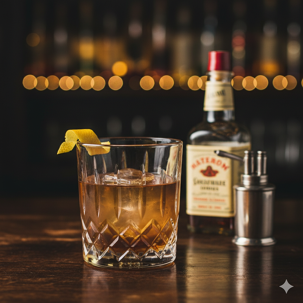 Ein klassischer "Sazerac" Cocktail in einem verzierten Rocks-Glas mit einem großen Eiswürfel und einer Zitronenzeste, platziert auf einer eleganten Holztheke. Im unscharfen Hintergrund sind eine Flasche Rye Whiskey und ein Cocktail-Muddler zu erkennen, umgeben von sanften Lichtern einer Bar.