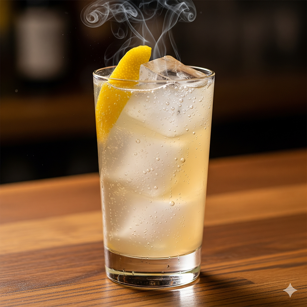 Ein Smoky Highball Cocktail in einem hohen Glas mit Eis und Zitronenzeste, auf einer Holztheke in einer Bar.