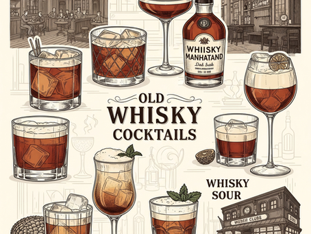 Eine Vintage-Illustration, die verschiedene klassische Whisky-Cocktails wie Old Fashioned und Manhattan zeigt, mit historischen Elementen im Hintergrund, die die faszinierende Geschichte der Whisky-Cocktails hervorheben.