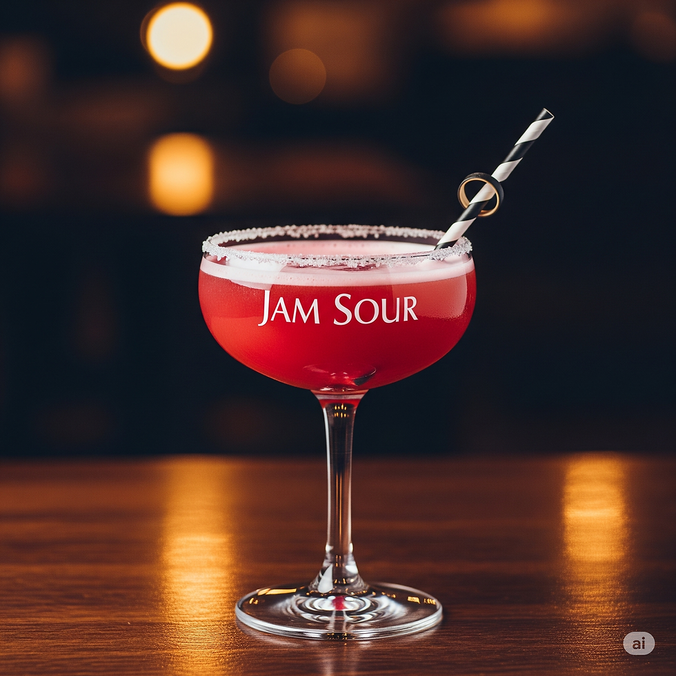Jam Sour Cocktail in einem Vintage-Coupe-Glas mit Zuckerrand, einem schwarz-weiß gestreiften Strohhalm