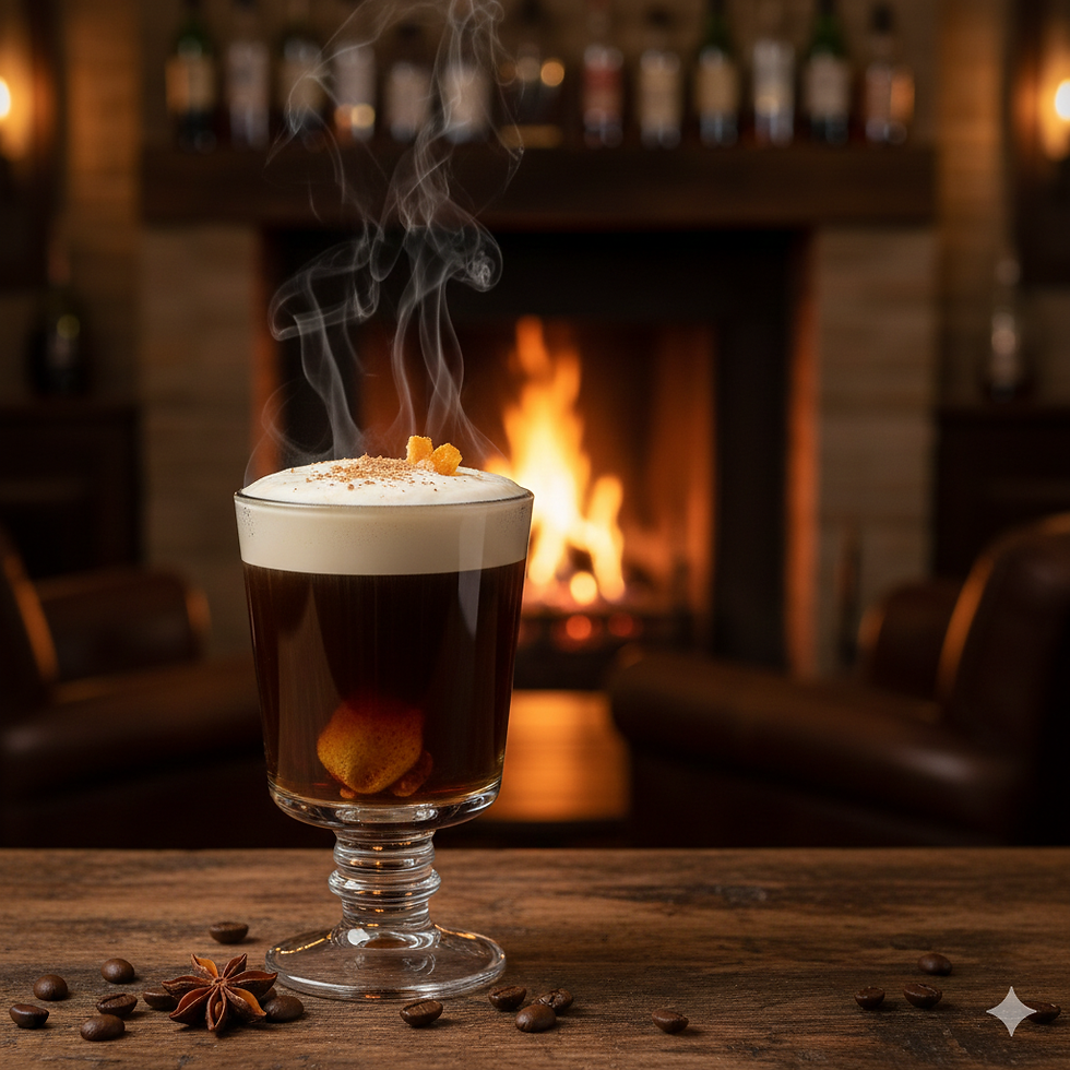 Nahaufnahme eines dampfenden Skye Coffee Whiskys in einem klassischen Irish-Coffee-Glas, gekrönt mit einer dicken Sahnehaube und garniert mit Orangenzesten und einer Prise Muskatnuss. Das Glas steht auf einer rustikalen Holztheke, umgeben von Kaffeebohnen und Sternanis. Im unscharfen Hintergrund ist ein warmes Kaminfeuer zu sehen, umrahmt von gemütlichen Ledersesseln und einer Bar, die eine einladende und luxuriöse schottische Atmosphäre schafft.