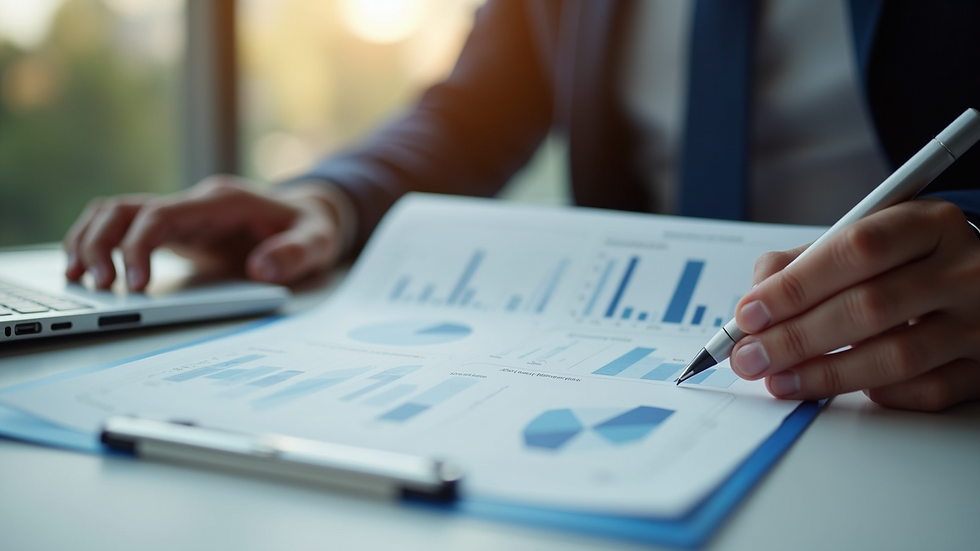 Close-up view of a person reviewing a printed proposal document