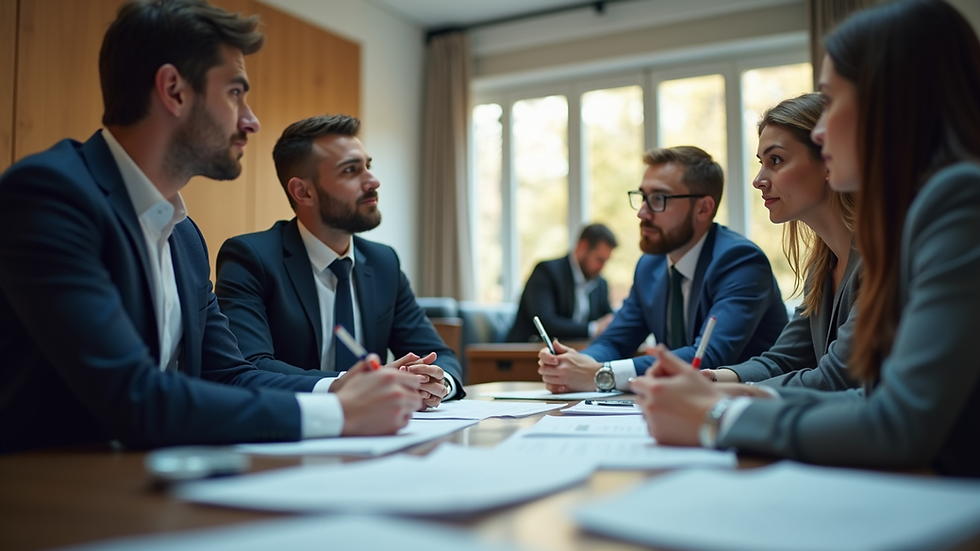 Eye-level view of a conference room with professionals discussing documents