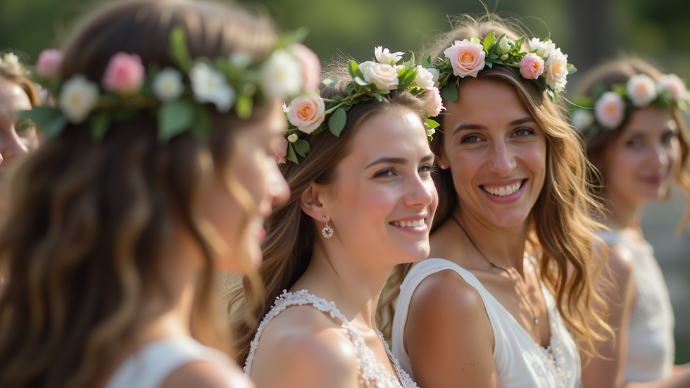 Close-up of wedding guests participating in a creative flower crown workshop