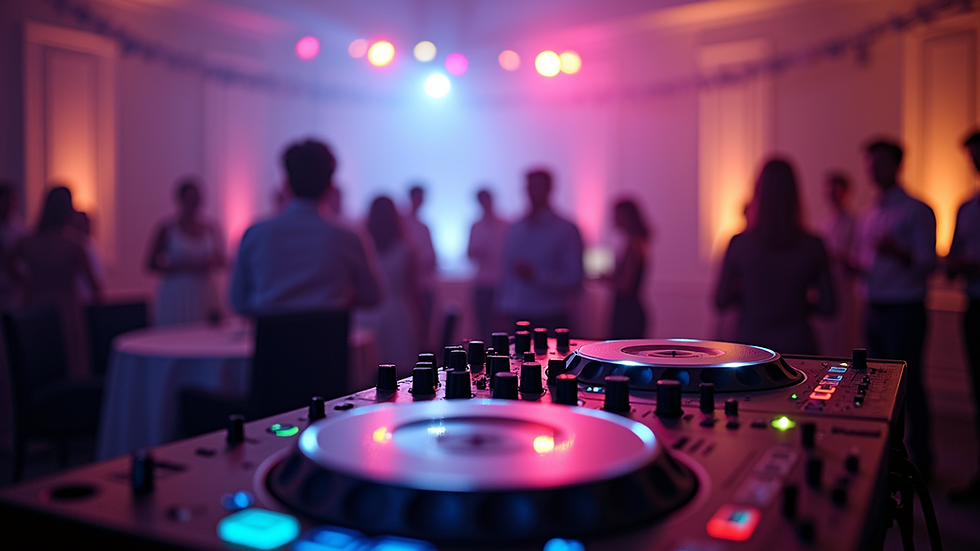 Eye-level view of DJ setup with sound equipment at wedding venue