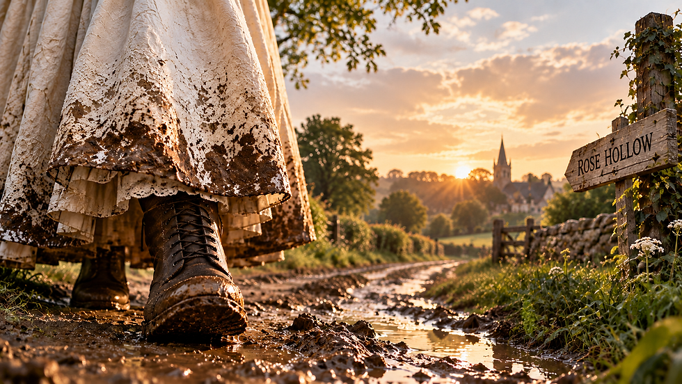 Muddy boots under a lace dress walk a rural path at sunset, past a Rose Hollow sign.