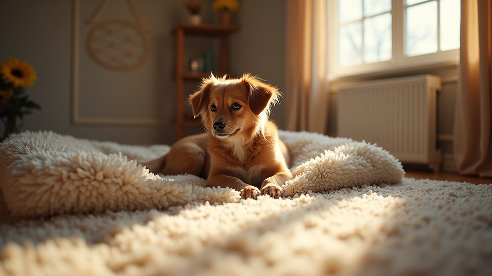 Eye-level view of a spacious dog suite with plush bedding and natural light