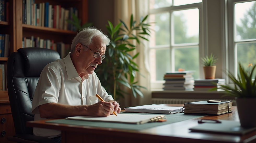 Eye-level view of a retired executive reviewing notes at a cozy home office desk