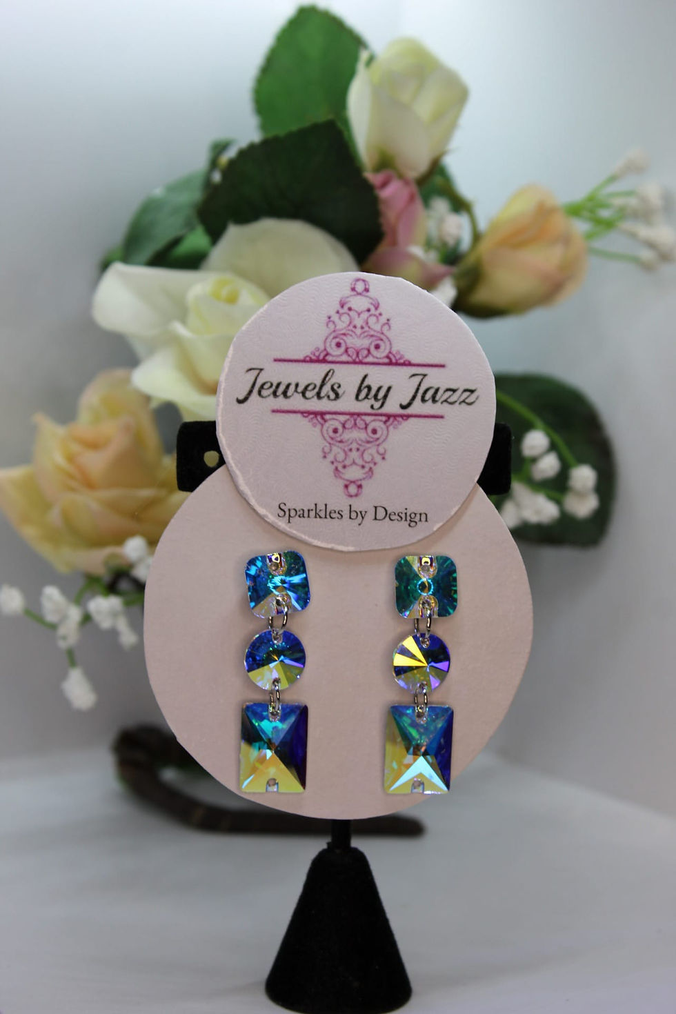 rhinestone statement earrings with geometric stacked crystal design